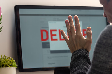 Poster - Confused upset man became victim of internet online bank scammers. A distressed male victim of a scam, highlighting the emotional toll of online fraud