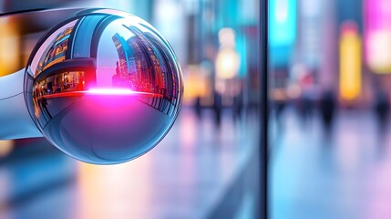 Poster - A futuristic camera lens capturing a cityscape reflection