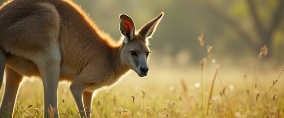 Aufkleber - Alert Kangaroo Standing in a Sunny Australian Field, Illuminated by the Morning Light, Surrounded by Tall Grass and Distant Trees.