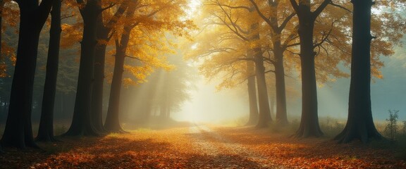 Aufkleber - Serene autumn forest path with golden foliage and ethereal mist creating a tranquil and enchanting atmosphere