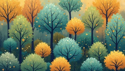 Poster - Colorful autumn forest in a stylized art illustration, showing orange, yellow, green, and blue trees