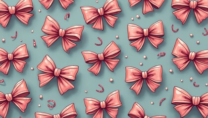 Fototapete - Pink Bows and Candy Pieces on a Blue Background - Festive Holiday Pattern with Pastel Colors and Decorative Elements