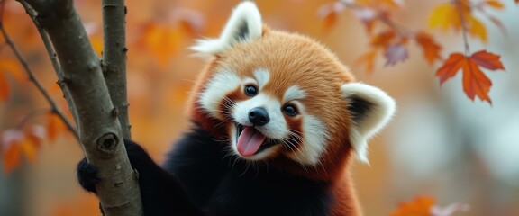Poster - Adorable red panda in vibrant autumn scenery, climbing tree with tongue sticking out, delightful wildlife portrait