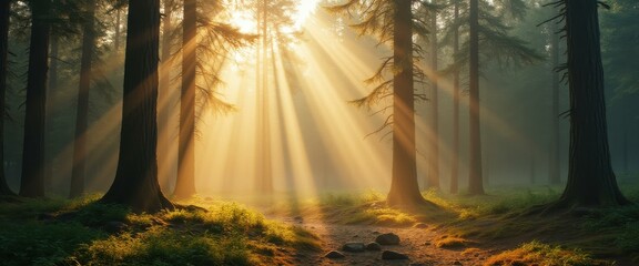 Poster - Sunbeams Stream Through a Tranquil Forest Path on a Misty Morning