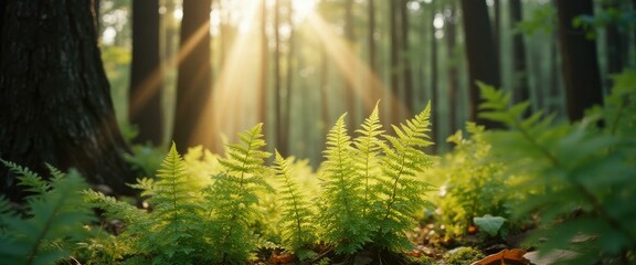 Poster - Sun-Drenched Ferns in a Tranquil Forest: A Lush, Green Scene with Golden Light Rays