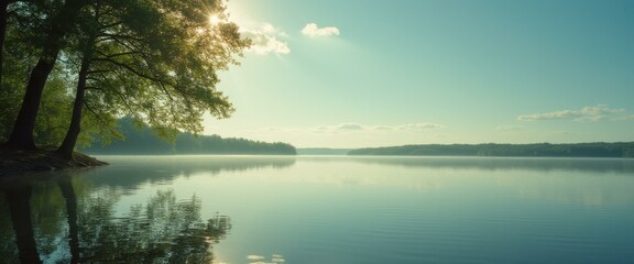 Poster - Serene lake with a gentle mist and sunbeams streaming through trees at dawn for peaceful background design