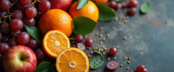 Aufkleber - Fresh fruit arrangement with vibrant oranges, red grapes, and apples on a textured surface creating a visually appealing composition