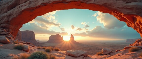 Poster - Arched Rock Frames Sunlit Desert Landscape with Majestic Rock Formations at Sunset