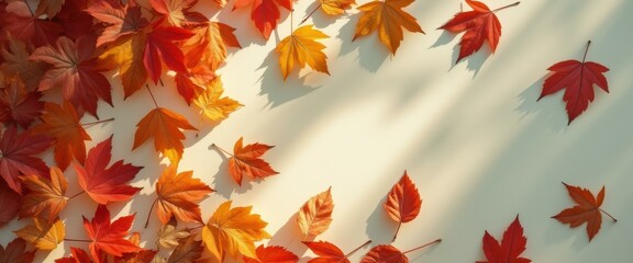 Aufkleber - Vivid Autumnal Display: Array of Red and Golden Maple Leaves on Warm Background with Soft Light and Shadows