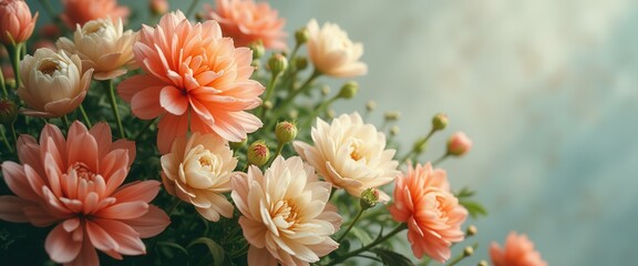 Poster - Peach and Cream Dahlias in Full Bloom Against a Soft Turquoise Background