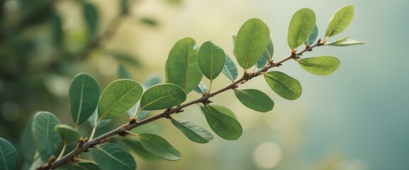 Poster - Branch with oval leaves in soft focus for botanical beauty and peaceful natural background