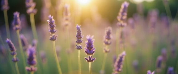 Poster - Lavender blossoms bask in the soft glow of a sunset, creating a warm and inviting landscape