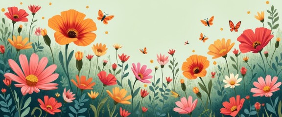 Poster - Vibrant Watercolor Meadow with Blooming Flowers and Butterflies - A Colorful Spring Illustration