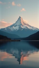Poster - Majestic Mountain Peak Reflected on Tranquil Lake at Dusk, Alpine Landscape Scenery