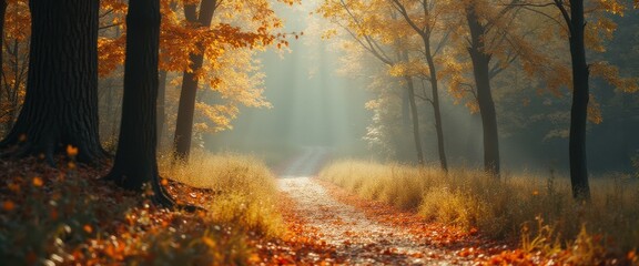 Poster - a tranquil autumn woodland path bathed in soft sunlight, strewn with fallen leaves and lined by gold