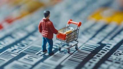 Poster - Miniature shopper with shopping cart on barcode background retail consumerism and online shopping concept