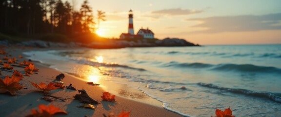 Aufkleber - Autumnal beach landscape with orange leaves, lighthouse, and the sun setting over the tranquil sea