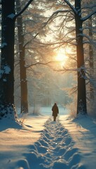 Poster - Solitary Figure Walking on Snow-Covered Path Through Forest, Illuminated by Golden Sunlight
