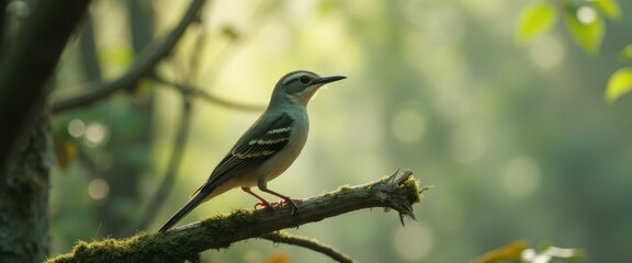 Aufkleber - Graceful Small Bird Perched on Mossy Branch in Soft Sunlight Forest, Birdwatching Scene