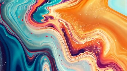 Poster - Vibrant fluid art painting with abstract swirls and flowing forms in orange, teal, purple, white colors.
