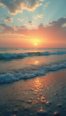 Aufkleber - Serene beach sunset with sparkling waves gently washing ashore under a pastel colored sky