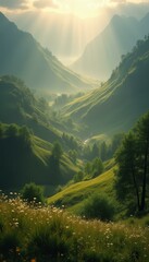 Poster - Serene valley landscape bathed in warm sunlight with rolling green hills and lush meadows