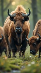 Poster - Majestic European Bison Family Grazing in a Lush Meadow with Soft Natural Light