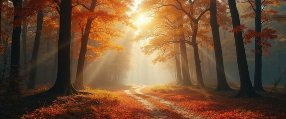 Aufkleber - Forest Path in Autumn with Golden Light and Fallen Leaves Creating a Serene and Peaceful Woodland Scene