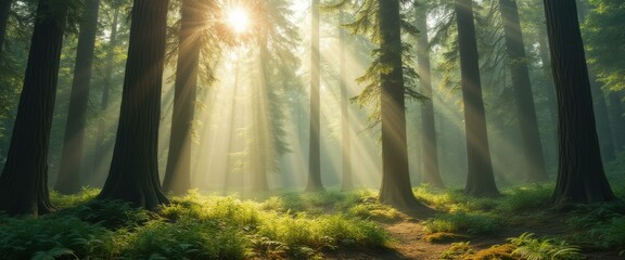 Poster - Forest sunlight filters through tall trees illuminating ferns along a path in a vibrant, tranquil, and peaceful woodland scene