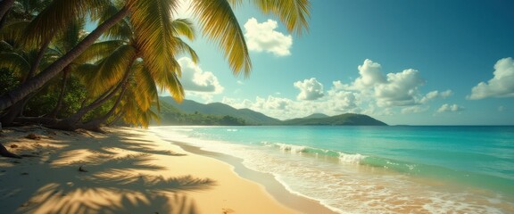 Poster - Exotic Beach with Palm Trees, Turquoise Sea, White Sand, Lush Green Hills, and a Sunny Blue Sky