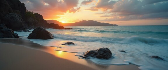 Aufkleber - Serene Sunset Landscape of Rocky Beach with Golden Light Reflections in the Water
