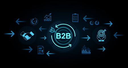 Poster - B2B digital business concept with glowing icons and arrows illustrating data, analytics, and partnership on futuristic dark background. 3D Rendering