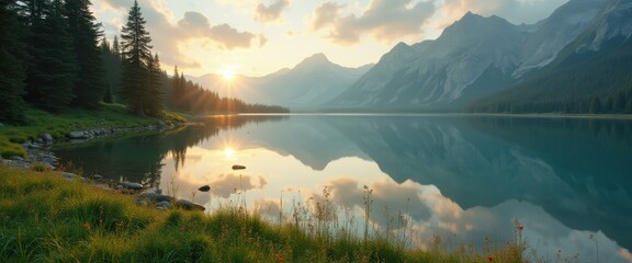 Poster - Tranquil lake mirroring mountains at sunrise, with lush forest, grass, and golden light creating a serene natural landscape.