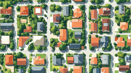 Poster - Aerial view of residential neighborhood with houses streets and trees in suburban community setting scene style