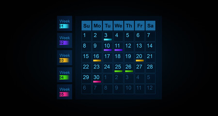 Poster - Futuristic digital calendar interface with glowing neon highlights. 3D Rendering