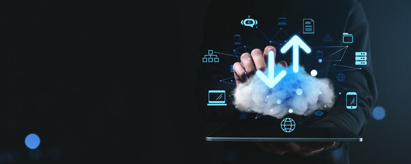 Fototapete - Cloud data upload and download interface with digital icons on dark background.