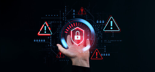Poster - Cybersecurity concept with padlock symbol and warning icons on dark background.