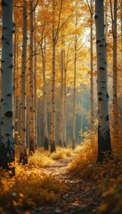 Poster - Autumnal aspen grove: A tranquil path through golden foliage in a serene forest