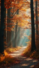Poster - Sunlit Path Through Autumn Forest: Tranquil Woodland Scene with Golden Leaves and Ethereal Light