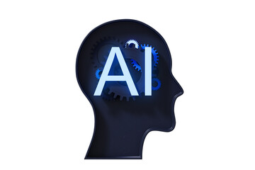 Poster - human head silhouette with glowing ai letters and gears symbolizing artificial intelligence innovati