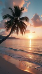 Aufkleber - Tropical beach with palm tree at sunset, golden light reflecting on the tranquil water, serene and peaceful coastal scene