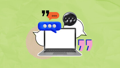 Poster - Laptop with colorful speech bubbles and quotes on green background collage style.