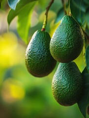 Aufkleber - Perfectly ripened avocados hanging from a tree branch in an orchard with a soft focus background and vibrant green colors