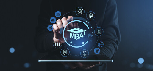 Poster - mba digital education concept with virtual icons and tablet in hand on dark background.