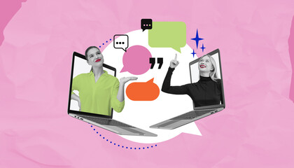Poster - Online communication concept with two women emerging from laptop