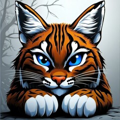 Poster - Striking close-up of a cartoon bobcat with bright blue eyes and a tiger-striped orange coat against a neutral background.