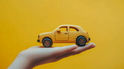 Poster - Yellow toy car on hand against yellow background car model toy automobile vehicle miniature transport