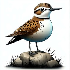 Poster - Cartoon Dotterel Bird Illustration: A Whimsical Bird Perched on a Rock with Detailed Plumage and Natural Setting