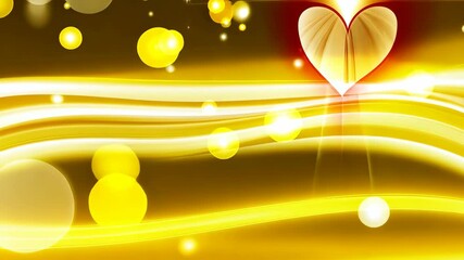 Poster - Radiant heart symbol with bright golden ribbons, glowing spheres, and sparkling effects against a dark background
