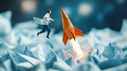 Poster - Origami rocket launch business startup innovation success concept for entrepreneurship and leadership
